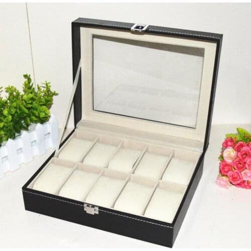 10 Grids Solid Wood Watch Box Organizer with Glass Display Top