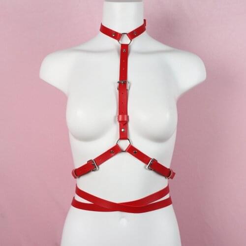2021 Trendy Harajuku Women Harness Top Red PU Leather Sword Belt Neck Sling Body Bondage Belt Fashion Dress Lingerie Accessories