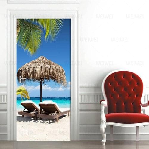 Beach Sunlight Coconut Tree Landscape 3D Murals PVC Self-Adhesive Waterproof Door Sticker Home Decor Wall Stickers Decals Poster