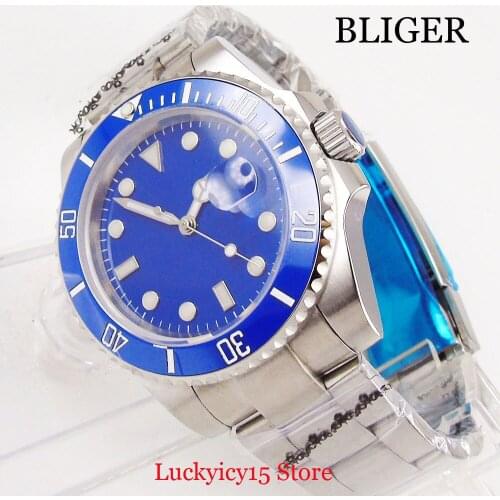 BLIGER 40mm Sapphire Glass Date Window MIYOTA Automatic Movement Stainless Steel Bracelet Blue Dial