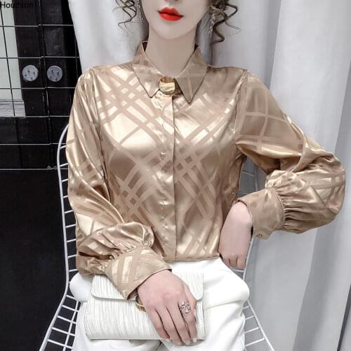 Houthion Lapel Lattice Summer Tops Thin Comfortable Fashion Shirt Casual Shirt New Satin Long Sleeve Blouse