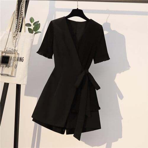 Oversized 3XL women shorts sets 2020 autumn new belt v-neck coat and wide leg shorts office lady elegant shorts suits tops