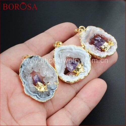 BOROSA Gold Color Natural Color Freeform Natural Onyx Druzy Drusy Crystal Druzy Slice Pendant Inlay Natural Purple Crystal WX007