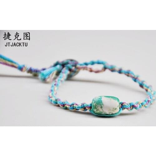 Green large stone on cotton cord bracelet