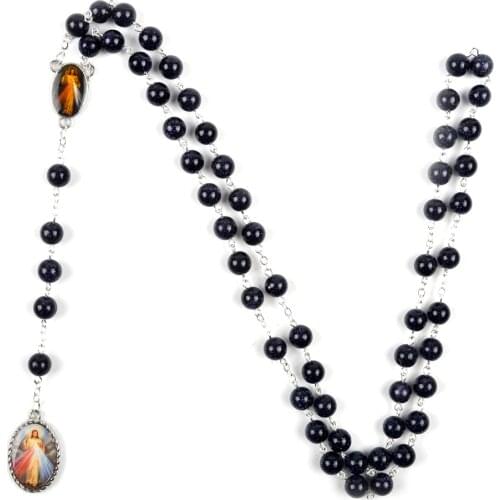 Trendy Religious Black Purple Shiny Natural Stone Jesus Merciful and St Faustina Chain Catholic Rosary Necklace