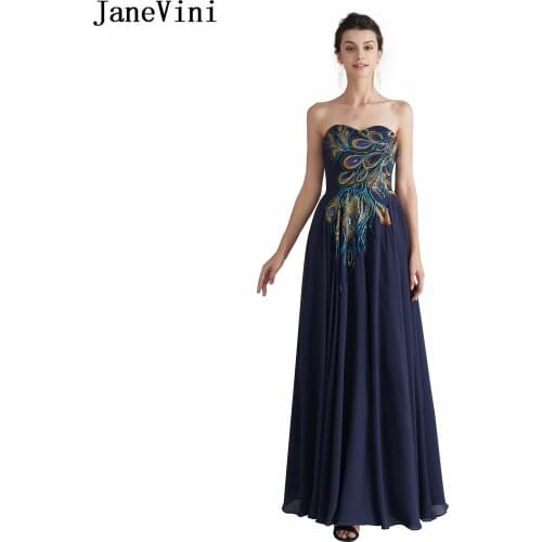 JaneVini Vintage Navy Blue Long Prom Dresses A Line 2019 Sweetheart Exquisite Embroidery Sequined Chiffon Plus Size Prom Dress