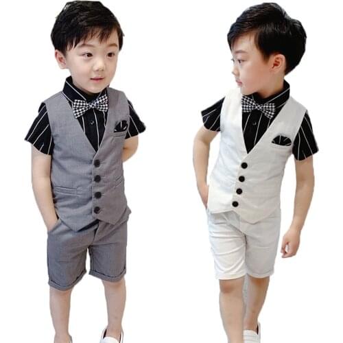 Childrens Formal Wedding Dress Vest Sets Summer Kids Vest Shirts Shorts Outfits Flower Boys Piano Performance Party Costumes