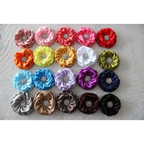 Matte Satin Rolled Flower rhinestone center Rose Flower for headband 200pcs