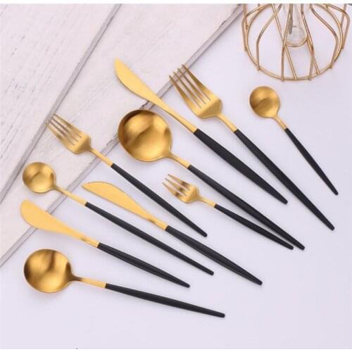 Chopsticks Dinnerware Black Gold Dinner Set Stainless Steel Cutlery Set Matte Knife Spoon Fork Steel Cutlery Kitchen Tableware