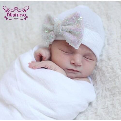 Nishine Infant Sequins Bowknot Woolen Hat Baby Girls Solid Color Keep Warm Skull Beanies Hat Outdoor Decoration Photo Props