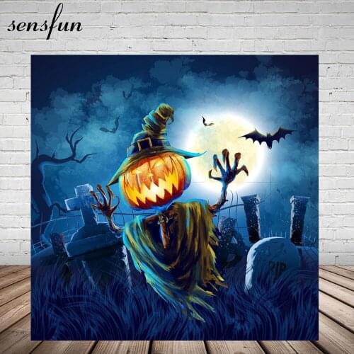 Night Horror Pumpkin Halloween Backdrop Dark Blue Wild Cemetery Tree Moon Bat Background For Photo Studio Vinyl