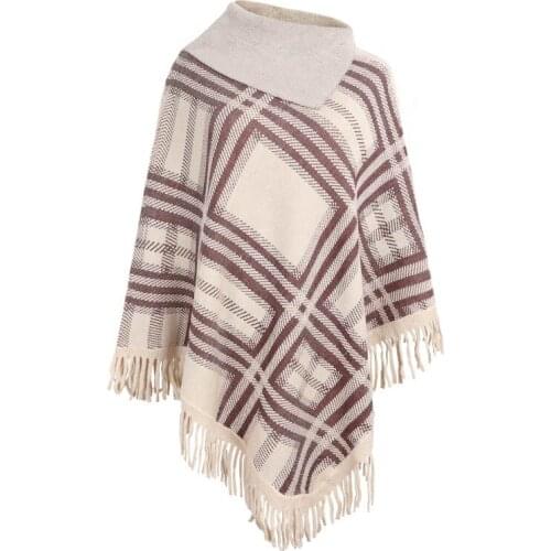 2021 Autumn Winter Womens Knitted Plaid Cloak Shawl Sweater Coat Fashion Tassel Pullover Ladies Elegant Ponchos Loose Knitwear