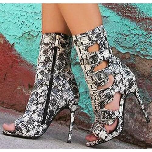 Sexy Fashion Women Peep Toe Snake Leather Stiletto Heel Short Gladiator Boots Cut-out Buckles High Heel Ankle Booties Dress Heel