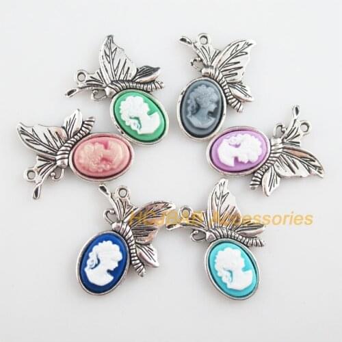 Fashion 6Pcs New Butterfly Charms Tibetan Silver Tone Retro Beauty Mixed Resin Pendants 22x29mm