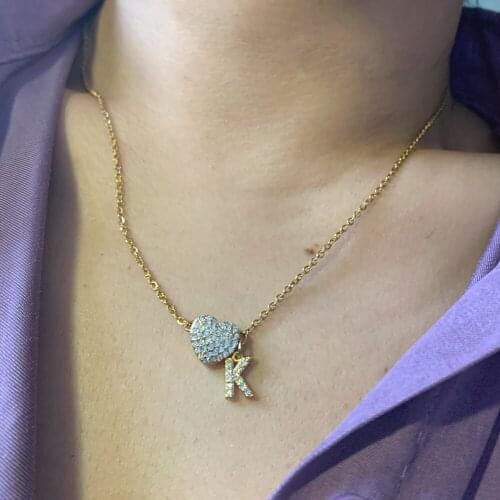 Simple Shiny Full Zircon Heart Letter Pendant Necklace Trendy Micro Pave CZ ABC Alphabet Name Charm Steel Chain Choker Jewelry