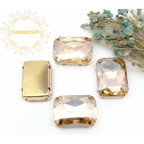 Champagne Rectangle shape Glass Crystal sew on rhinestones with FOUR gold claw Diy wedding dress accessories Free shipping