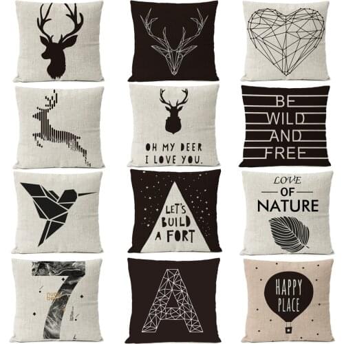 Nordic Black Geometric Deer Pillow Covers Bird Heart English alphabet Linen Pillow Case Home Decorative Pillows Cushion Cover