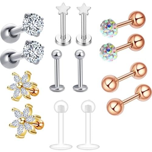 TIANCIFBYJS 16G Stainless Steel Labret Ring Ear Studs Lips Tragus Cartilage Piercing Body Jewelry for Women Girls 140pcs 10 Sets