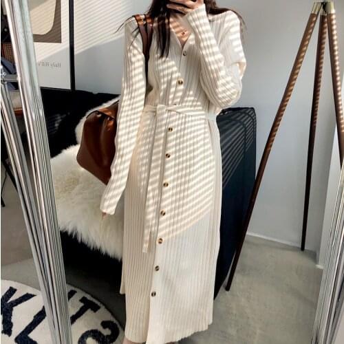Spring and Autumn V-neck Single-breasted Knit Dress Multicolor Temperament Striped Sweater Dress Long Sleeve Woman Sweaters