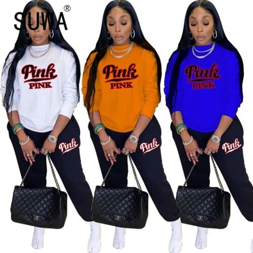 Women O Neck Pink Tracksuit Sporty 2 Pieces Clothes Suit Female Sporty Track Suit Matching Suit