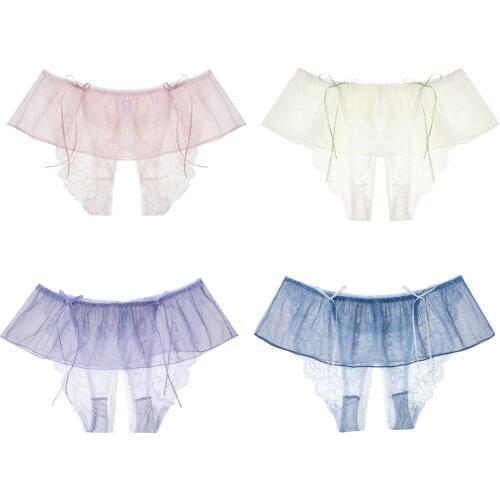 Breatable G-String Thong Women Low Rise Crotchless Lace Panties Bowknot Elastic Waistband Skirted Briefs Underpants Underwear