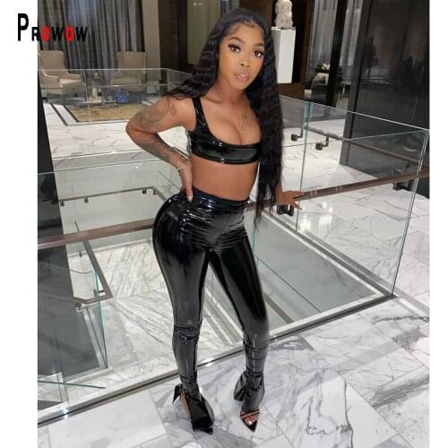 Prowow Women Spring PU Faux Leather Sexy Two Piece Set Low Neck Sleeveless Crop Top Flare Bottom Pant Suits Club Party Outfit