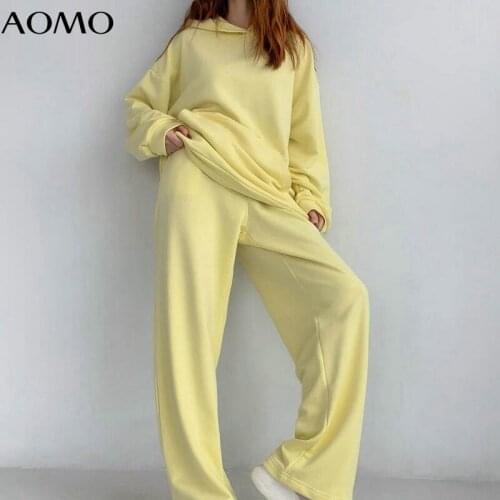 AOMO 2021 Women Tracksuit Sets Yellow Oversized Sweatshirt Hoodies Cotton Suit 2 Pieces Sets Hood Tops and Pants 6L39A