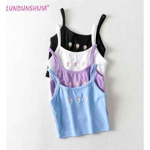 LUNDUNSHIJIA 2020 Summer Fashion Flowers Embroidery Camisole Top Women Streetwear Lavender Purple Cotton Short Style Basic Top