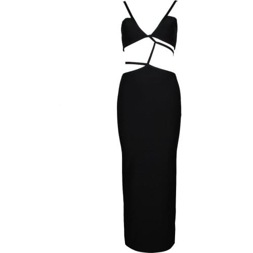 2021 New Women Dress Bandage Sexy Black Sleeveless Midi Bodycon Spaghetti Strap Summer Party Club Celebrity Ladies Clothing