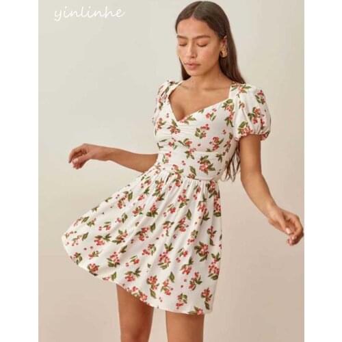 Yinlinhe White Floral Heart Collar Gathered Sexy Dress Women Puff Sleeve High Waist Summer Dress French Beach Mini Dresses 2148