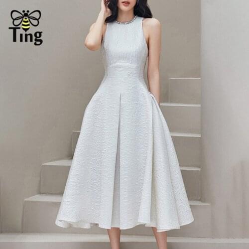 Tingfly Designer Vogue Vintage Elegant 90S White Color A Line Party Night Dresses Women Luxury Crystal High Waist Casual Robes