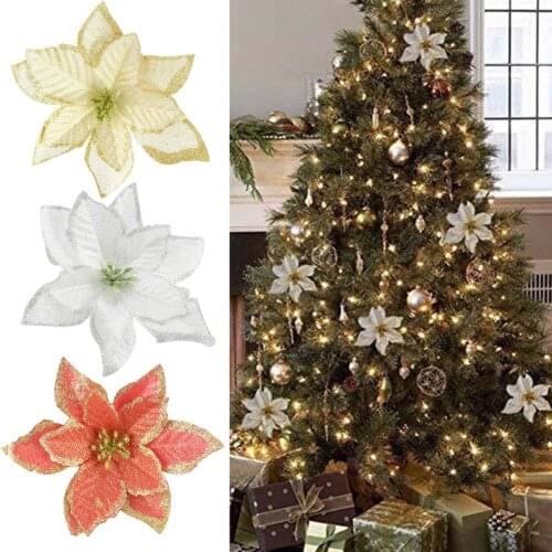 5pcs Glitter Christmas Flower Artificial Poinsettia Flower For Christmas Tree Ornament DIY New Year Xmas Wreath Home Decoration