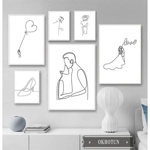 Abstract Black White Lines Drawing High Heels Flower Bride Canvas Painting Couple Embracing Kissing Love Please Marry Me Poster