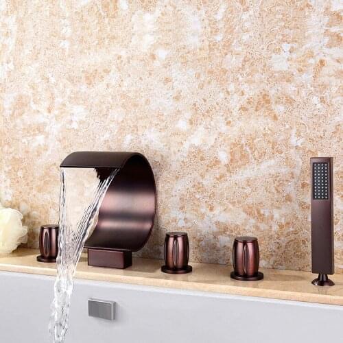 Free ship 5pcs Oil rubbed bronze Deck Mounted Waterfall Bathtub Tub shower Faucet with Hand Shower