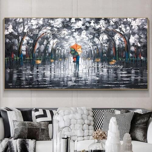 Big Handpainted Lover Rain Street Tree Lamp Knife Landscape Oil Painting On Canvas Wall Art For Living Room Home Decor Picture