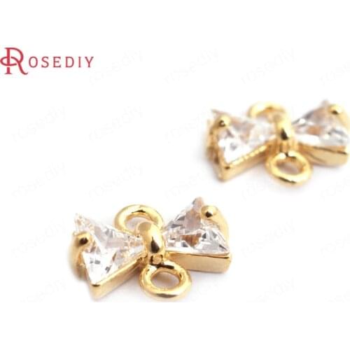 F012)6 pieces 9.5x4.5mm 12x7mm 24K Gold Color and White Zircon Brass 2 Holes Bow-Knot Connect Charms Findings Accessories