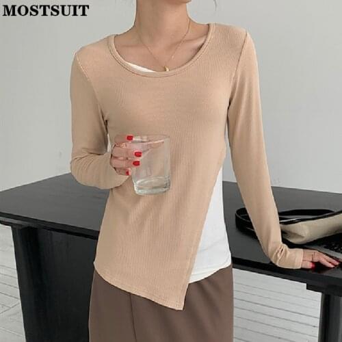 Fake Two Pieces Split T Shirt Women Full Sleeve O-neck Pullover Tops Casual Fashion Basic Slim Female T-shirt Femme 2021