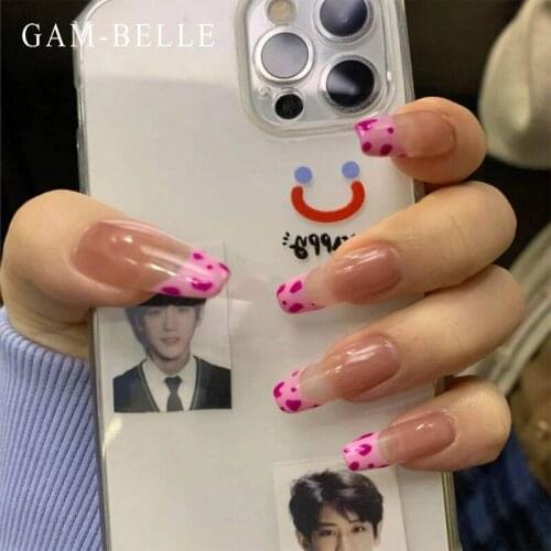 GAM-BELLE 24Pcs French Pink Cow Pattern Fake Nails With Designs Full Cover Long Coffin Artificial False Nail Tips Manicure Tools