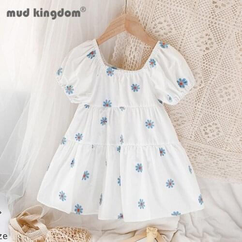 Mudkingdom Little Girls Daisy Dress Summer Simple Square Collar Print Puff Sleeves Dresses for Toddler Cute Children Clothing