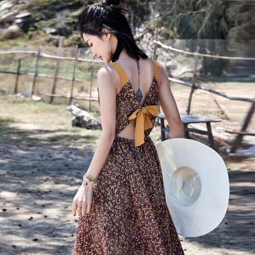 Summer Women Beach Dress Bowknot Hollow Out V Neck Sleeveless Midi Dresses Retro Yellow Floral Print Dress Sexy Slim Dresses