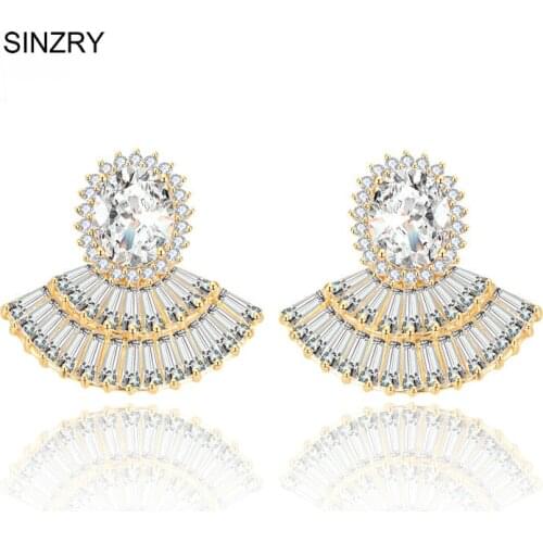 Hotsale cut cubic zircon white gold color fan shape glitter party luxury tud earrings for women Korean jewelry