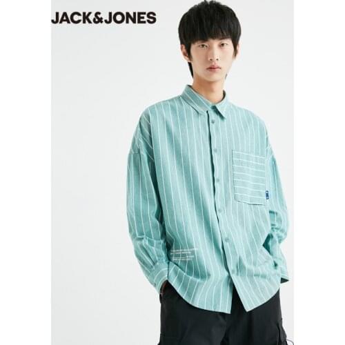 JackJones Mens 100% Cotton Casual Loose Fit Striped Spliced Pointed Collar Long-sleeved Shirt | 220405041