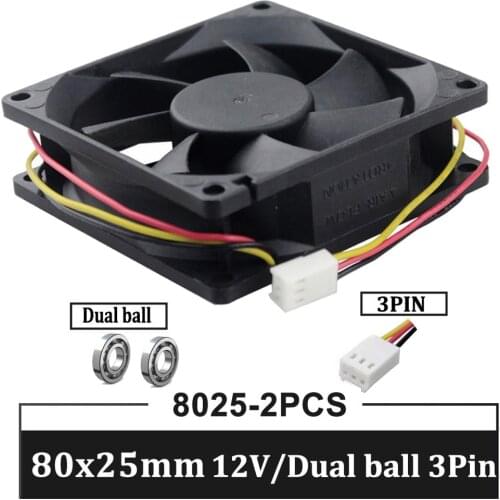 Gdstime 2pcs 80mm DC 12V Computer Cooler Fan Desktop Cooling 3 Lines Heatsink 80mmx25mm Double ball Fans For PC Case radiator