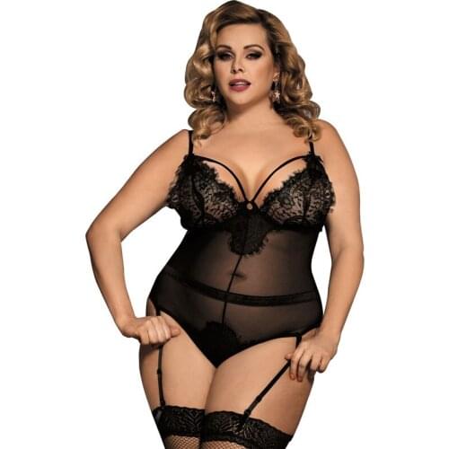 Sexy Lingerie Black Eyelash Lace Teddy Lingerie Plus Size 5XL Hot Floral See Through Erotic Women Body Suit With Garter RS80266