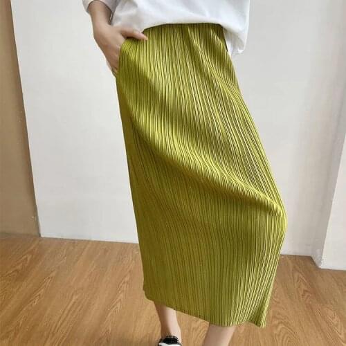 Folding plus size womens high waist A loose pleated skirt in the long korean fashion clothing Mid-Calf Straight Solid