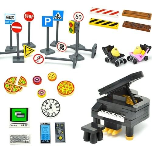 Compatible City Traffic Signs Accessories Building Blocks Computer TV Clock Pizza Milk Drinks Parts MOC Classic Bricks Toys