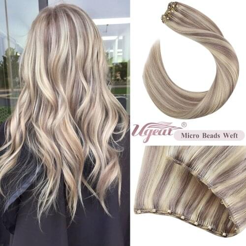 Ugeat Micro Link Weft Human Hair Extensions 12" Width 14"-24" Length Brown Machine Remy Human Hair Easy Micro Bead Hair 50G/Set