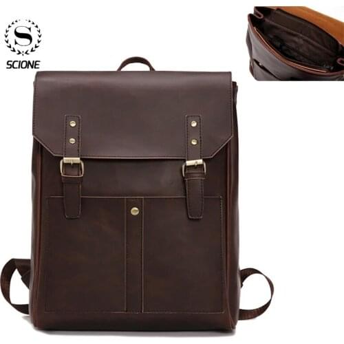 Unisex School Backpack Vintage Crazy Horse PU Leather Male Backpacks Womens Waterproof Laptop Travel Handbags Shoulder Bag K093