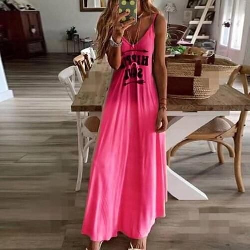 Vintage Ladies Letter Print Beach Dress Summer V-neck Sleeveless Sling Dresses Female Long Beach Dresses Sundress Vestidos