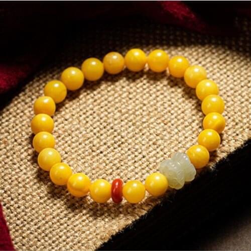 Yellow beeswax bracelet 8mm single circle with hetian jade lotus beads bracelet DIY female Buddha beads
